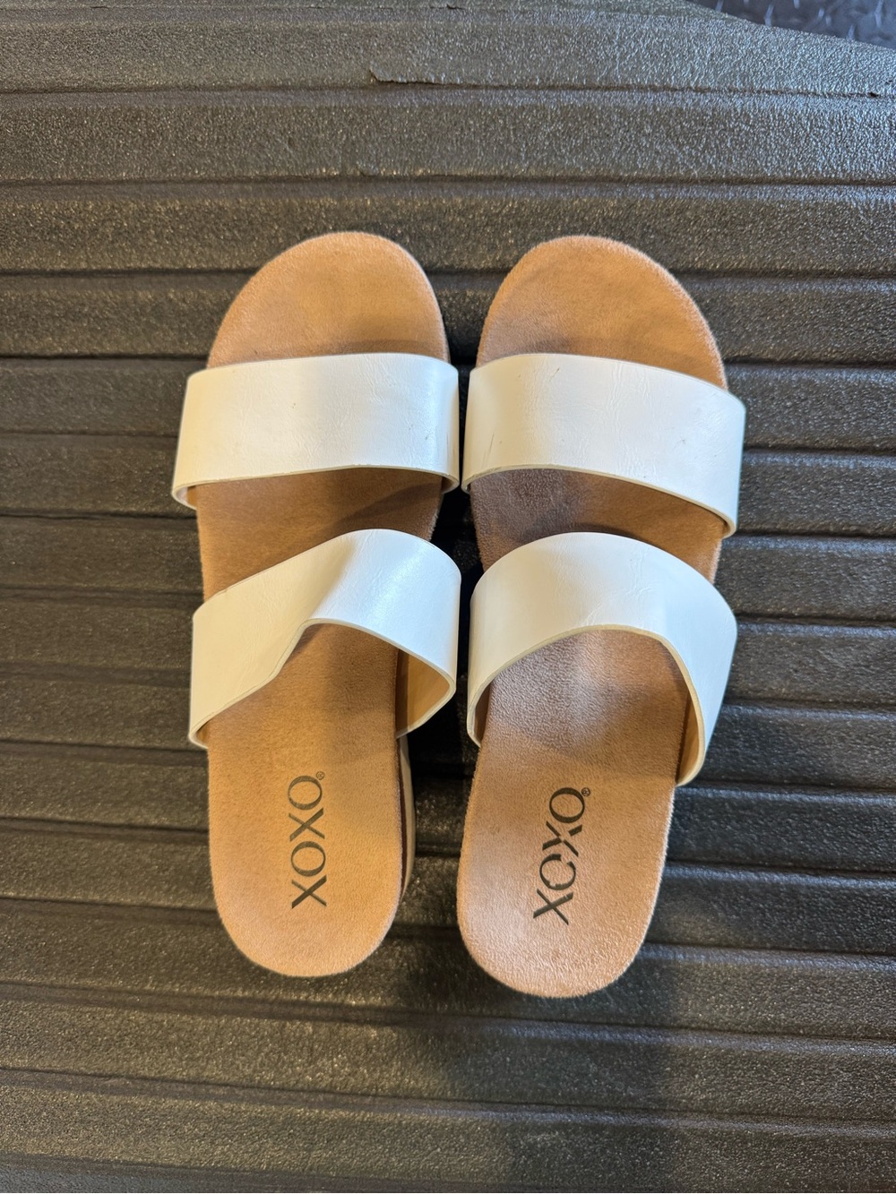 XOXO White Double-Strap Slide Sandals with Tan Footbed